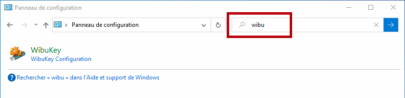 Recherche dans le panneau de configuration pour trouver WibuKey