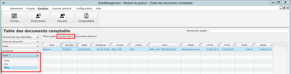 Filtrer la liste des factures dans ArchManagement