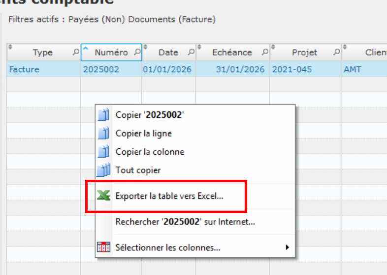 Exporter la liste des factures impayées depuis ArchManagement
