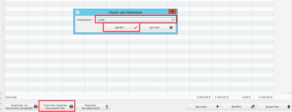 Illustration de l'export Word ou PDF de la liste des factures impayées depuis ArchManagement
