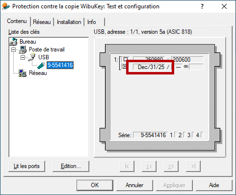 Visualisation de la date de fin de validité de la licence sur clé USB