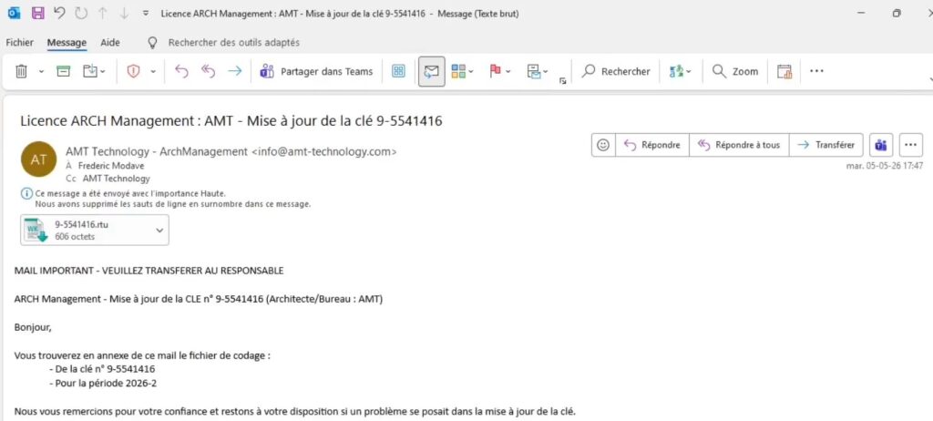 Illustration d'un email contenant la mise à jour d'une clé de sécurité pour le logiciel ArchManagmeent