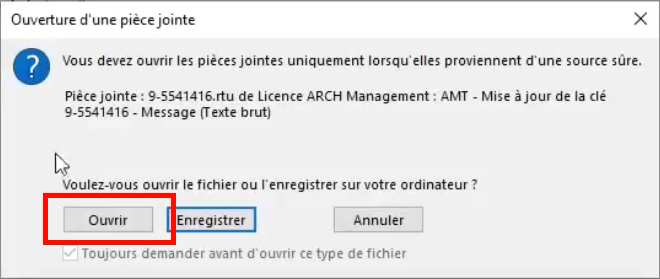 Illustration d'une fenêtre de demande de confirmation d'ouverture d'une pièce jointe à un mail.