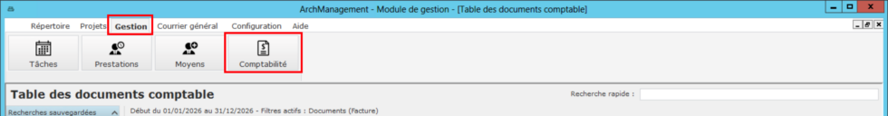 Ouvrir le sous-module "Comptabilité" dans ArchManagement